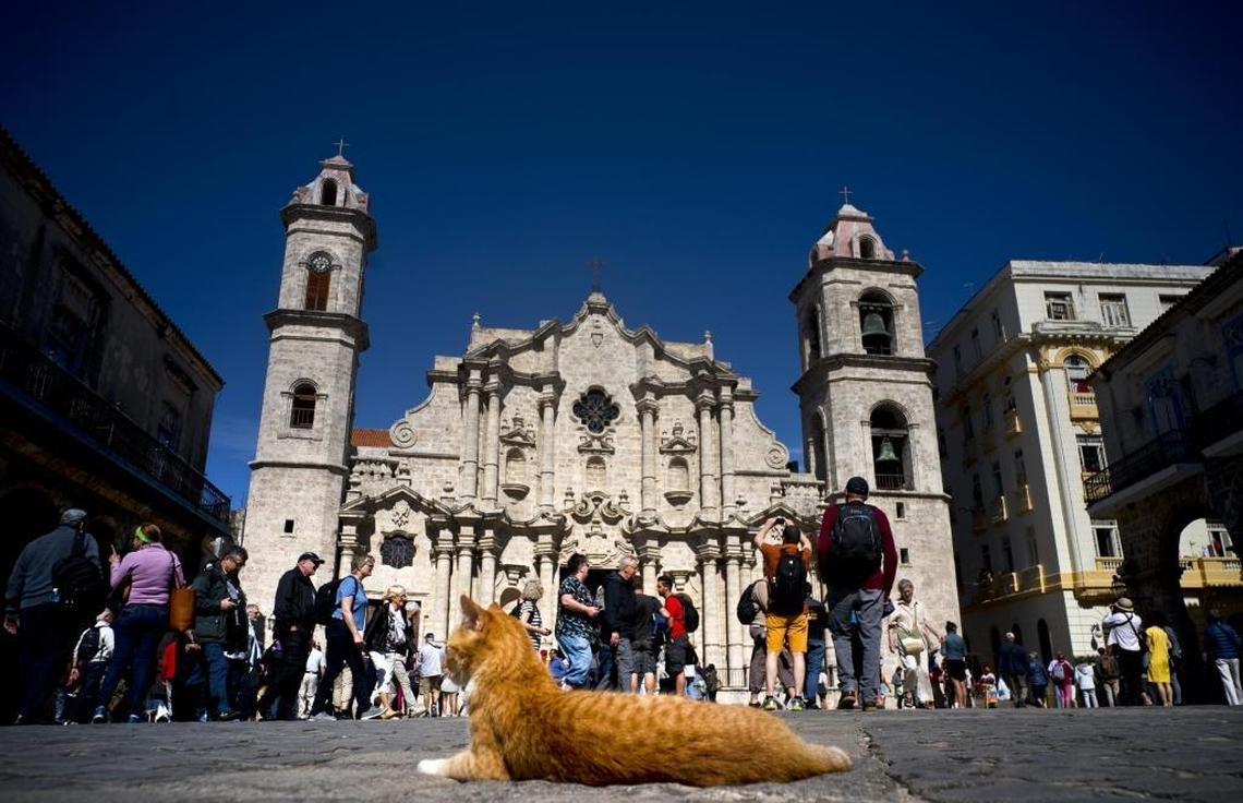 Tourists visit the cathedral square as a cat lies in the sun in Havana on Jan. 18, 2018.