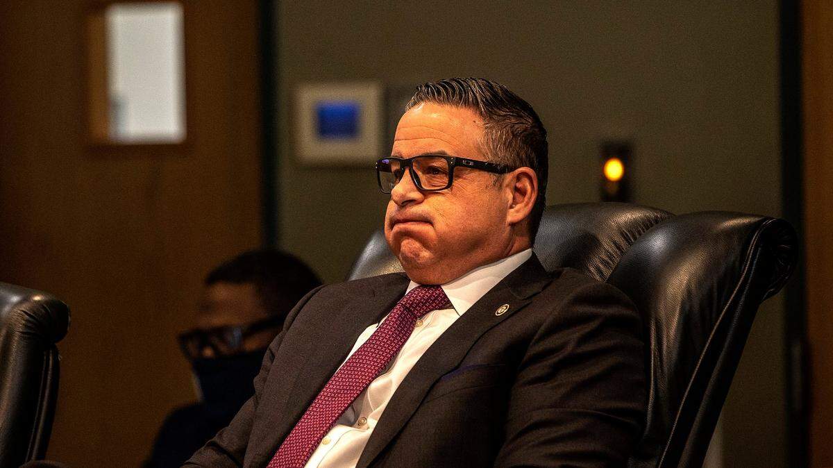 City of Miami Manager Art Noriega reacts during a special city commission meeting on Thursday, October 14, 2021.