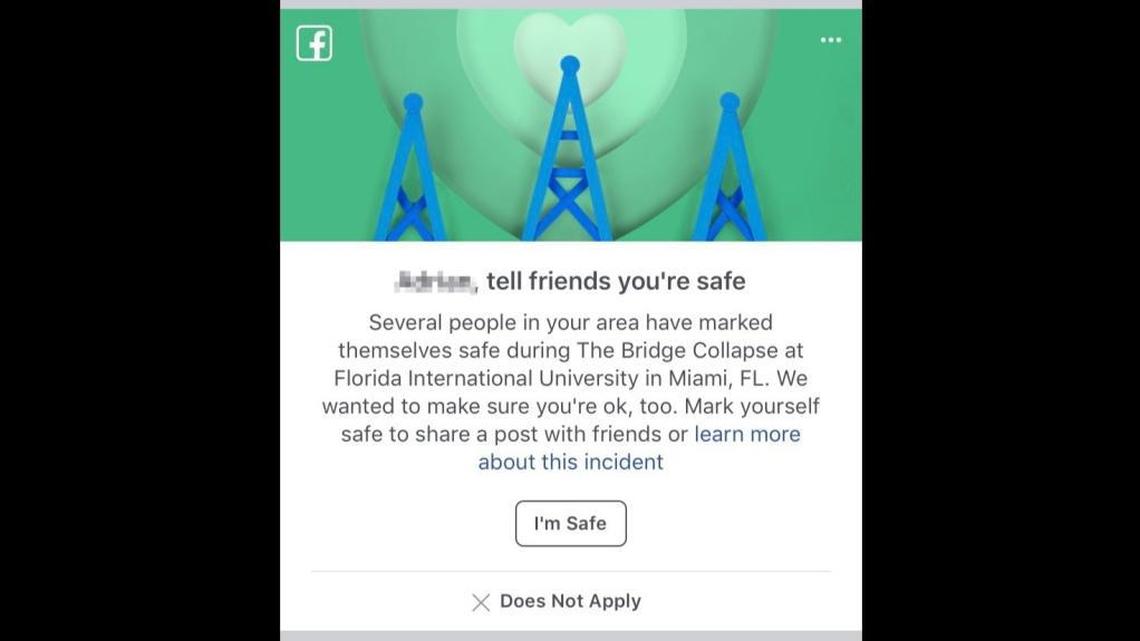 The Safety Check feature on Facebook allows the social media users to mark themselves safe after a disaster. Facebook activated its page within an hour of the collapse of the Florida International University bridge on Tamiami Trail.