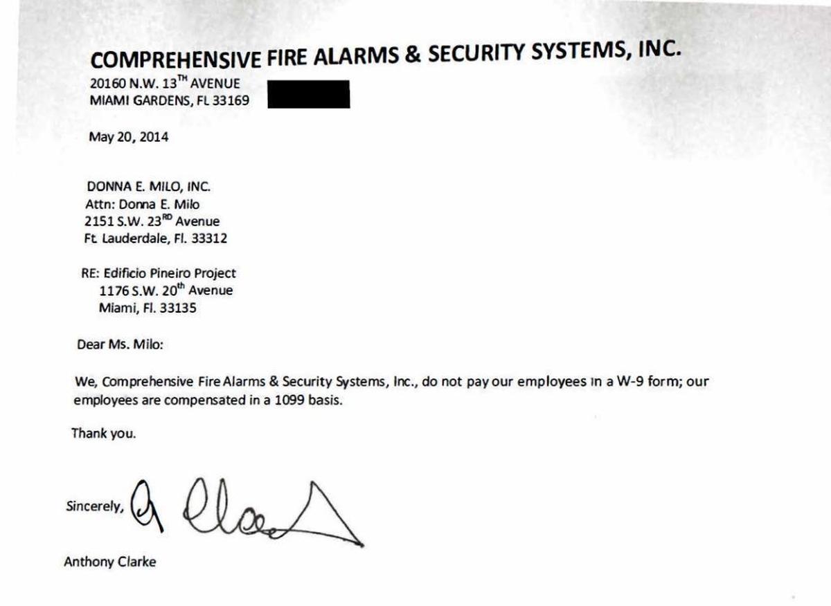 A letter signed by Anthony Clarke says his construction firm treats workers as independent contractors who receive a 1099 tax form, rather than employees.