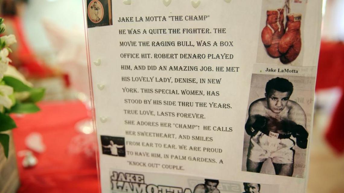 A card paying tribute to LaMotta and Baker’s 25 years together. Similar cards were placed at each couple’s table for the date night.