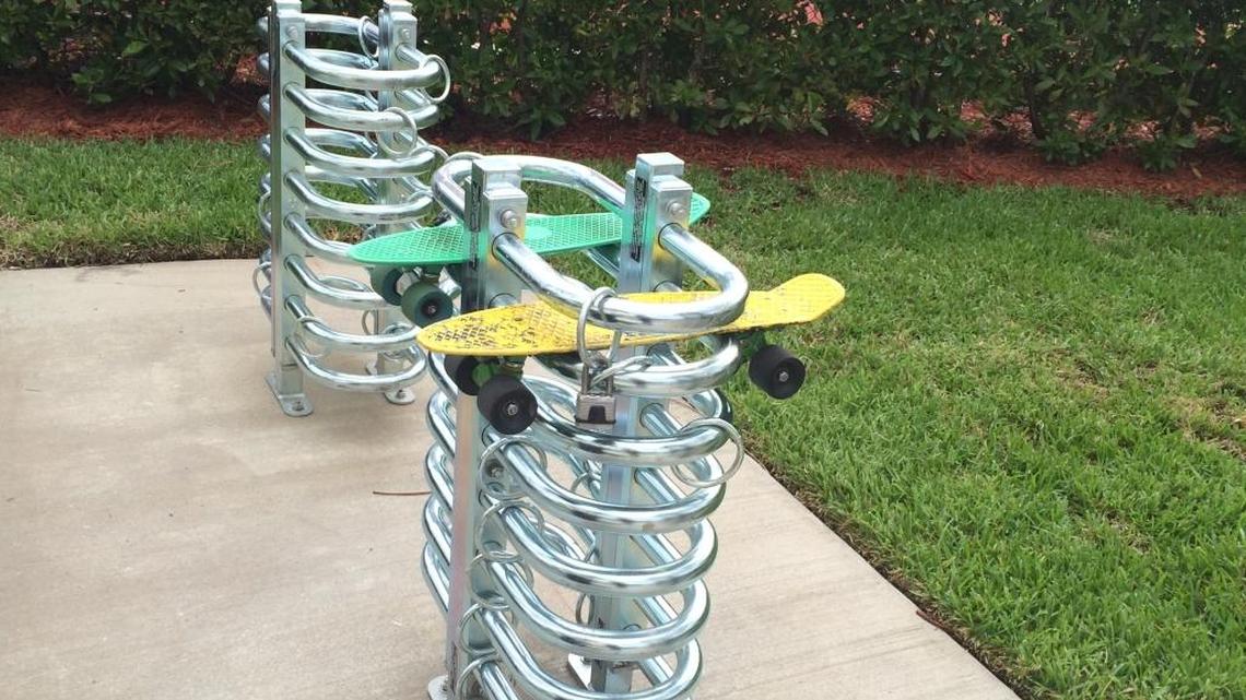 
New skateboard rack found at Pelican Community Park in Sunny Isles Beach.

