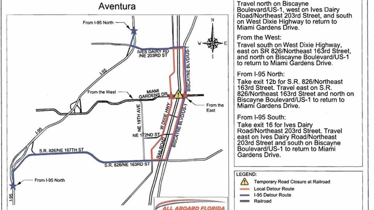 The intersection of Miami Gardens Drive and the Florida East Coast Railway will be closed for construction beginning at 7 a.m. Oct. 25 and last through 6 p.m. Nov. 4.