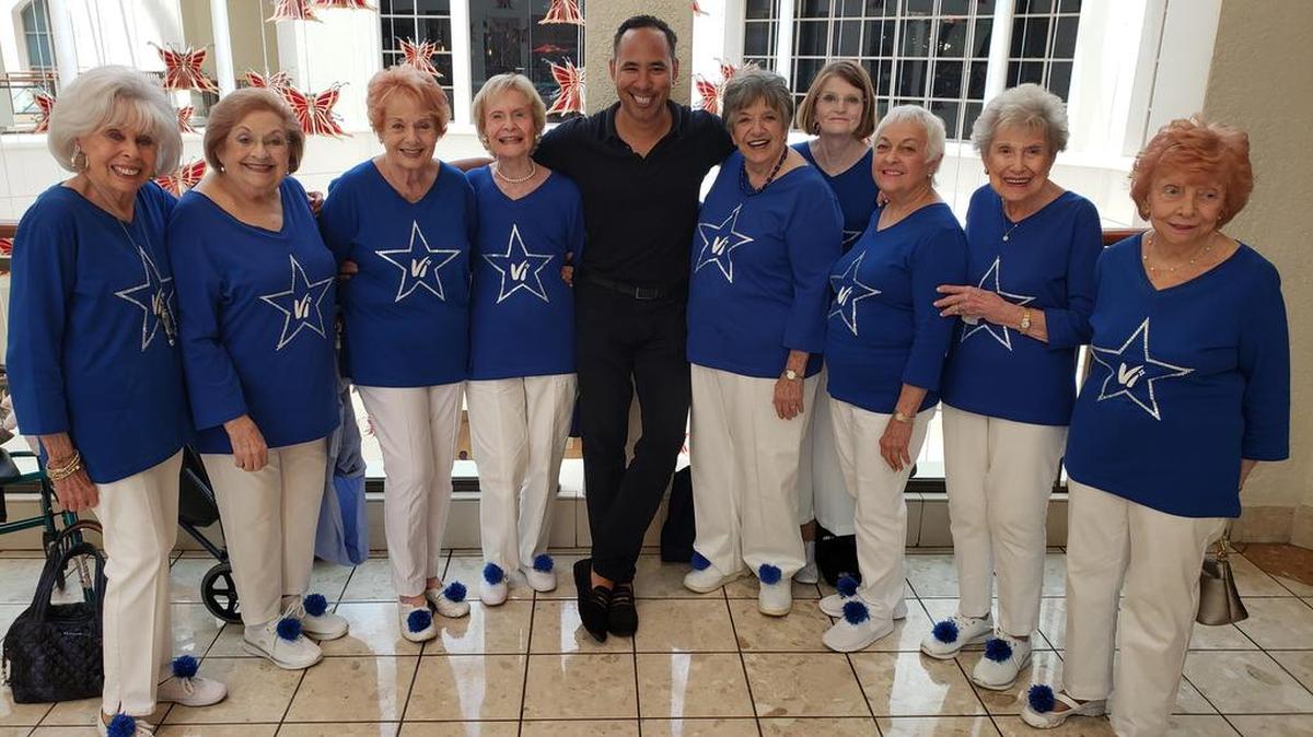 Bringing cheer to the community, the Viva Girls of Aventura rehearse their cheerleading skills every week. They are retirement ages up to 98 years young. Pictured, left to right, are Shirlee Schiller, Barbara Blumenfeld, Rosalie Lewen, Marilyn Robinson, trainer Kemuel Valdes, Joyce Goldberg, Nancy Siegel, Barbara Steinberg, Gloria Fishbein and Joyce Grossman.