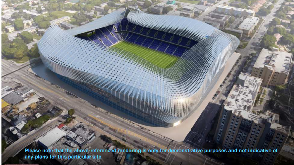 A rendering of what David Beckham’s soccer stadium could look like in Overtown. This was the design when the celebrity athlete wanted to build a stadium next to Marlins Park, and his architects transferred the rendering to the new proposed site in Overtown.
