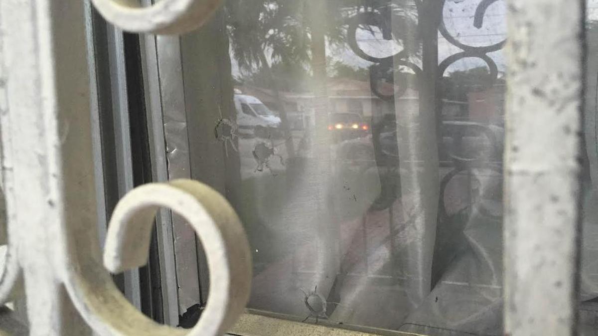 Bullet holes in the window of a Wynwood home.