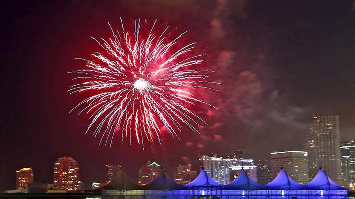 
Fireworks light up the sky with the city of Miami as a backdrop as the city celebrates the Fourth of July.
