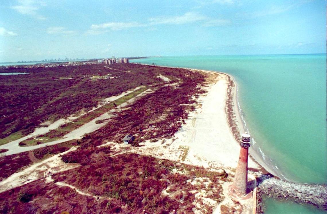 Two days after Hurricane Andrew made landfall in Florida at Elliott Key and Homestead, the storm’s path of destruction could be seen around the lighthouse at Bill Baggs State Park on Key Biscayne.