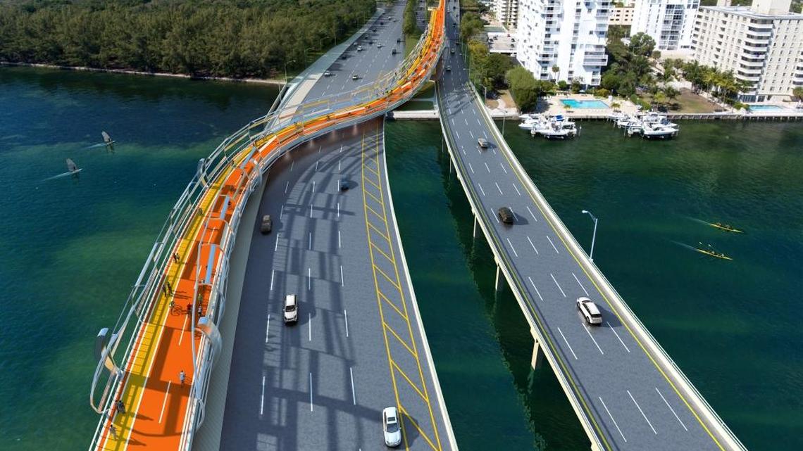 A rendering from Plan Z of a possible elevated cycling and running track along the Rickenbacker Causeway.