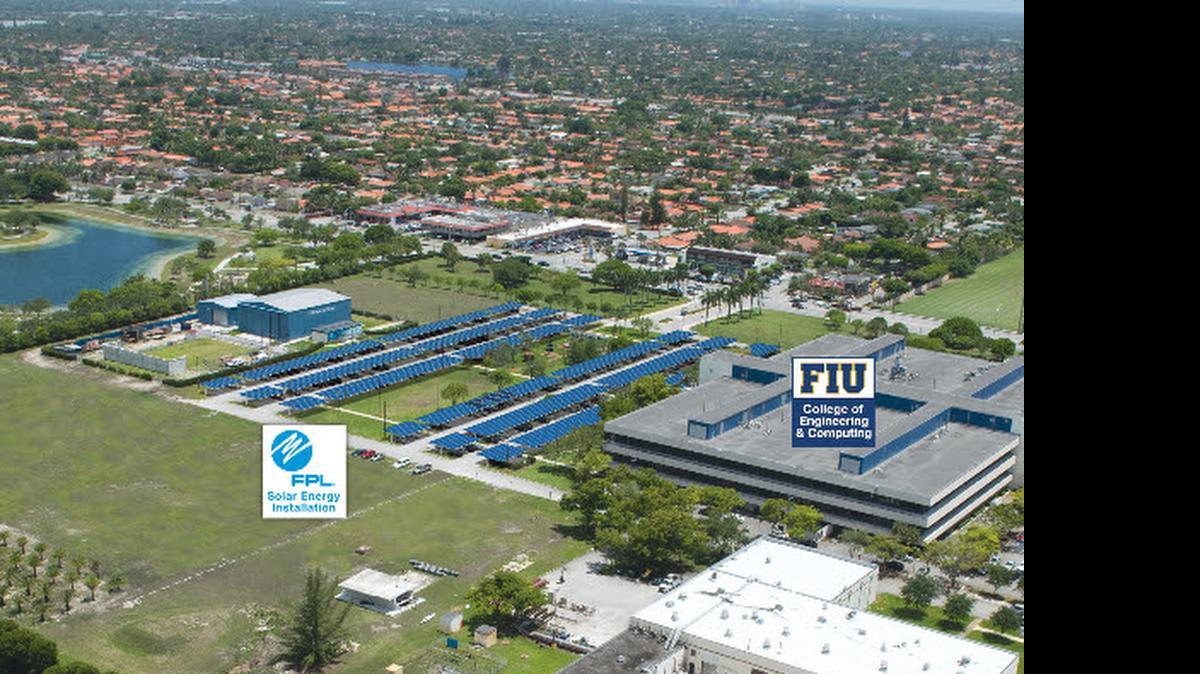 
Artist’s conceptual rendering of Florida Power & Light Company solar parking canopies at Florida International University. The rendering depicts solar-powered parking canopies that FPL plans to install in the parking lot of FIU’s Engineering Center in the summer of 2015. 
