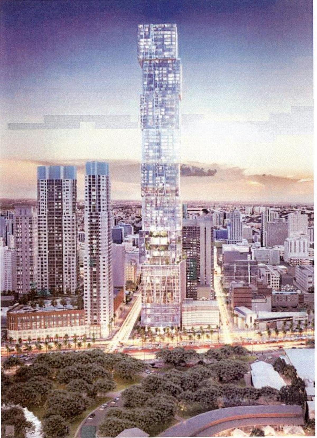 A rendering shows the planned 1,036-foot 300 Biscayne Tower, designed by Sieger Suarez Architects, in downtown Miami.