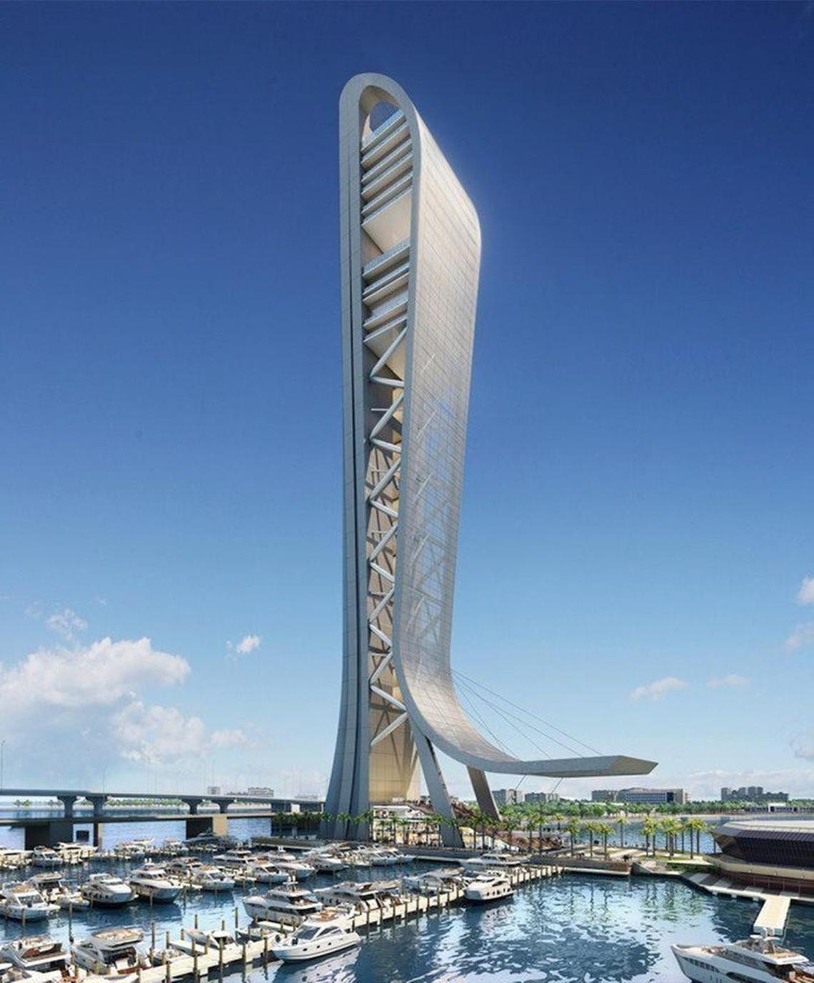 A rendering of the planned SkyRise Miami observation tower and vertical amusement park behind Bayside Marketplace in downtown Miami.