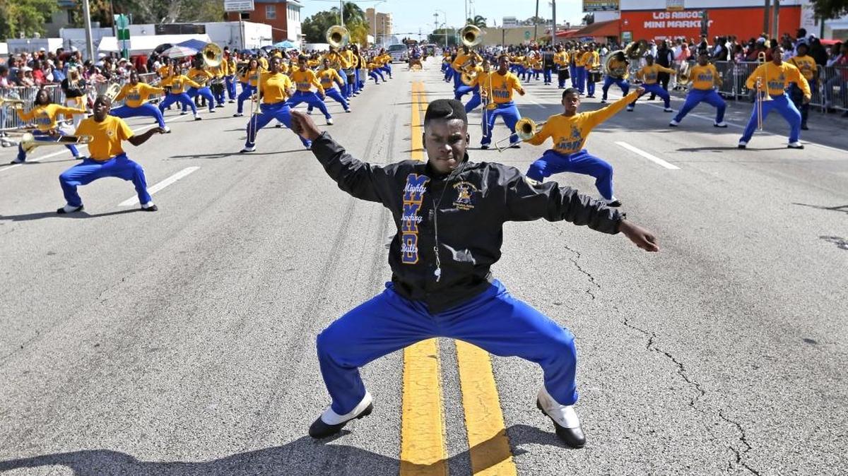 Miami Northwestern’s band performs during the Martin Luther King Day parade in 2014.