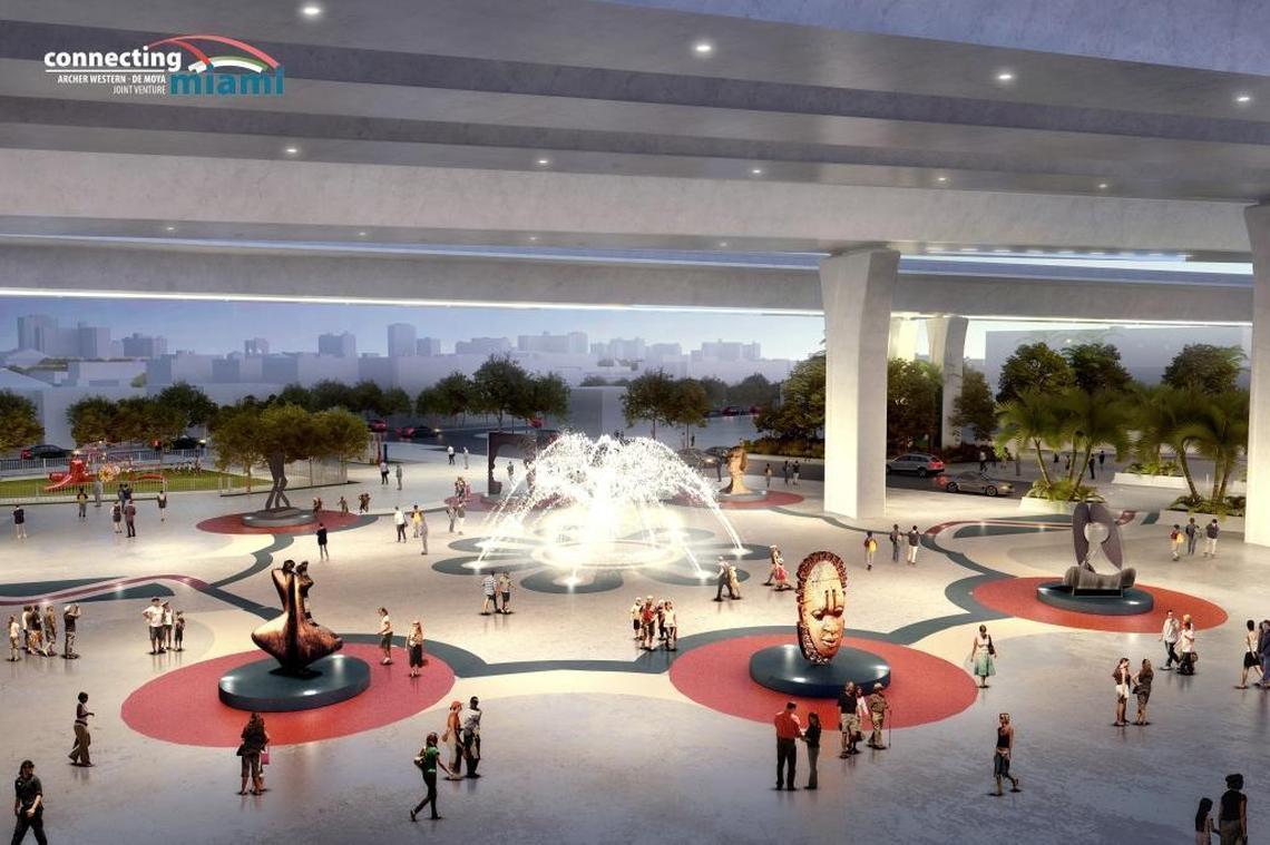 A conceptual rendering shows an interactive fountain with African-inspired art under the western, Overtown end of the elevated new Interstate 395 expressway in the bid-winning proposal by the Archer Western-The de Moya Group. Plans for the planned park under the span have not been finalized and may not include this feature, however.