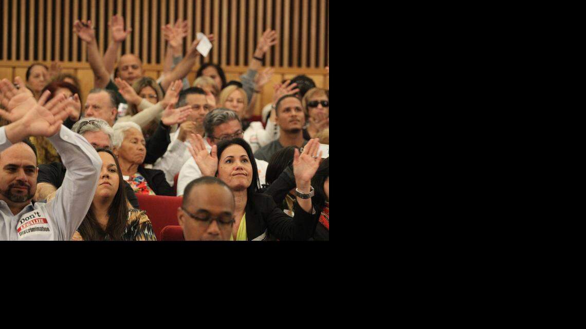 
Opponents of a proposal to ban discrimination against transgender people waved their hands in disagreement during Wednesday’s Miami-Dade County committee meeting.
