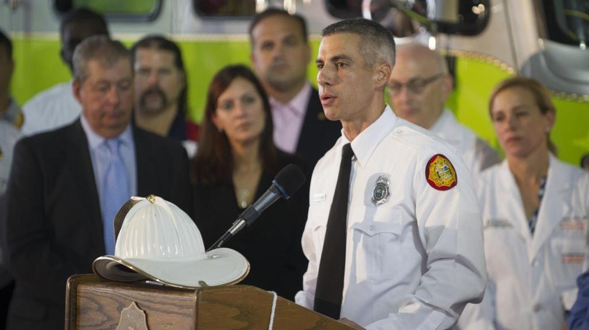 
Luis Suarez, a firefighter with Miami-Dade Fire Rescue and a former minor league infielder, talks about his struggle with colon cancer during a news conference at Miami-Dade Fire Rescue Station No. 2, Thursday, August 27, 2015, in Brownsville. Researchers and clinicians with the University of Miami Health System Sylvester Comprehensive Cancer Center have partnered with Miami-Dade Fire Rescue and Palm Beach County Fire Rescue to study the possible connection between cancer and fighting fires.
