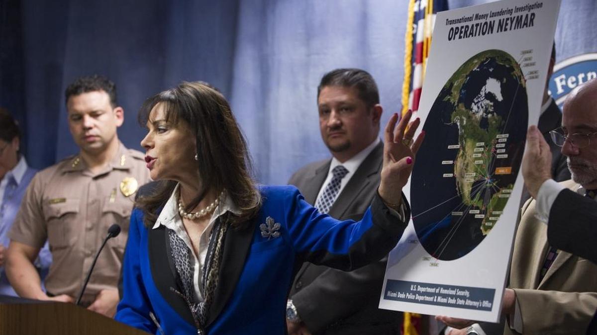 Miami-Dade State Attorney Katherine Fernandez Rundle talks about the disruption of an international money-laundering ring during a press conference, Thursday on Operation Neymar.