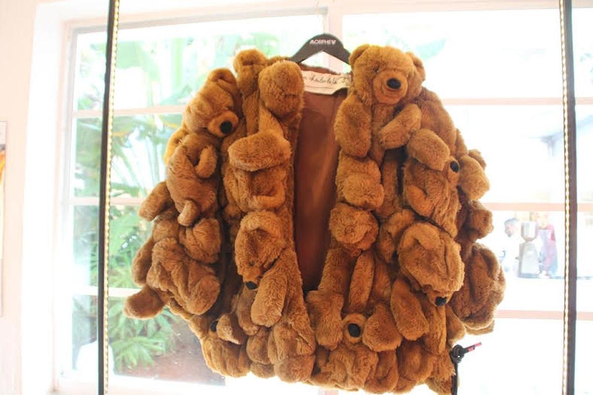 Coat made out of teddy bears at Morphew booth at Aqua Art Miami.