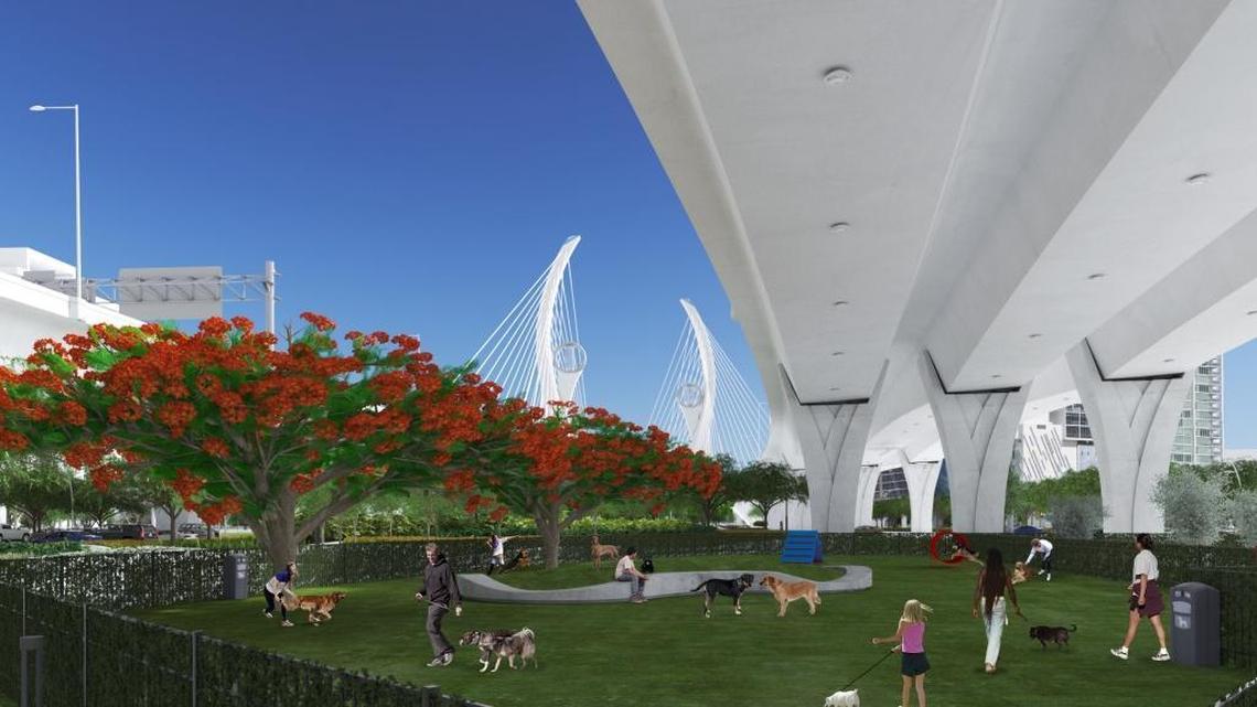 A view of a dog park below the elevated Interstate 395 expressway looking east toward the signature bridge “dancer” pylons in the proposal by the Fluor-Astaldi-MCM team.