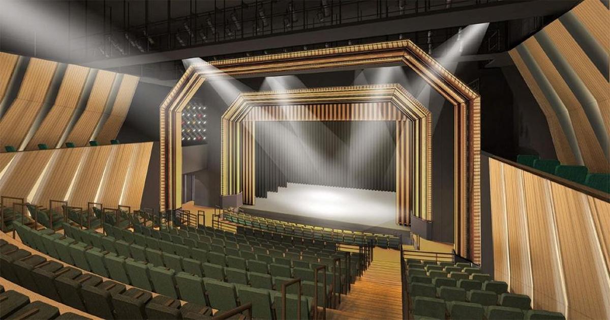 A rendering of the auditorium in a proposed new Coconut Grove Playhouse theater building shows how the iconic double proscenium arches of the 1927 original would be integrated into the modern design.