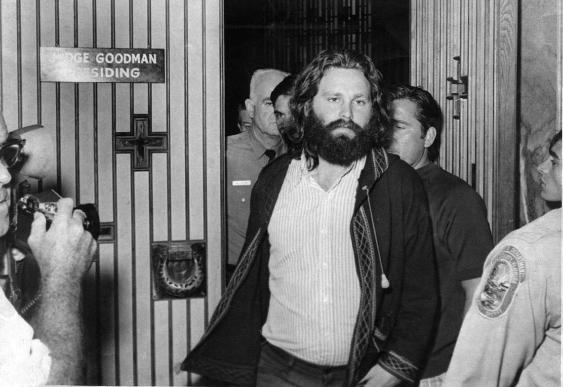 Jim Morrison at his sentencing hearing on October 30, 1970, when Circuit Judge Murray Goodman told the singer his acts amounted to "utter contempt for our institutions and heritage." The punishment: six months in jail and a $500 fine.