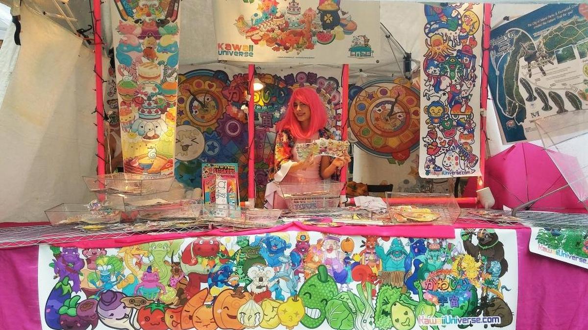 Colorful stickers of all sizes and designs, from Kawaii Universe, (store located in Wynwood), are shown the Mad Hatter Arts Festival in Coconut Grove, which took place over the weekend.