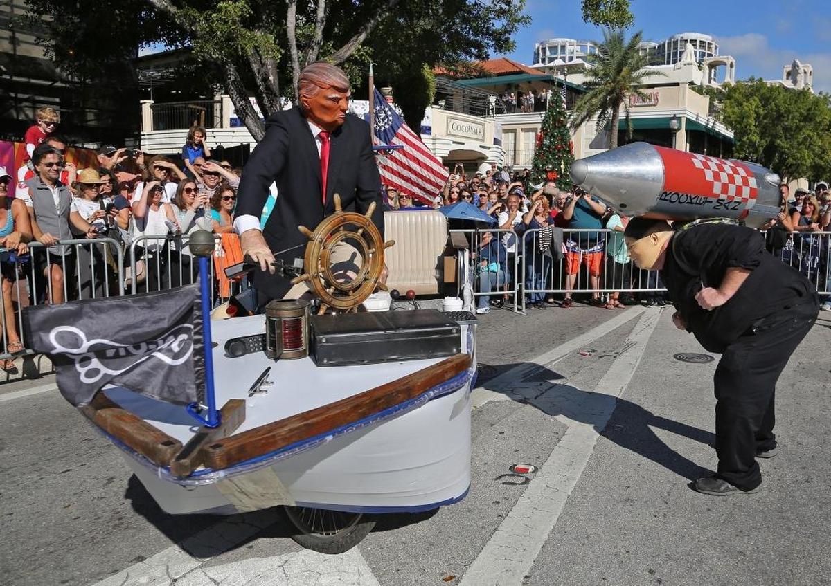 President Donald Trump and North Korean president Kim Jong-un face off in 2017 during the 36th Annual King Mango Strut parade in Coconut Grove.