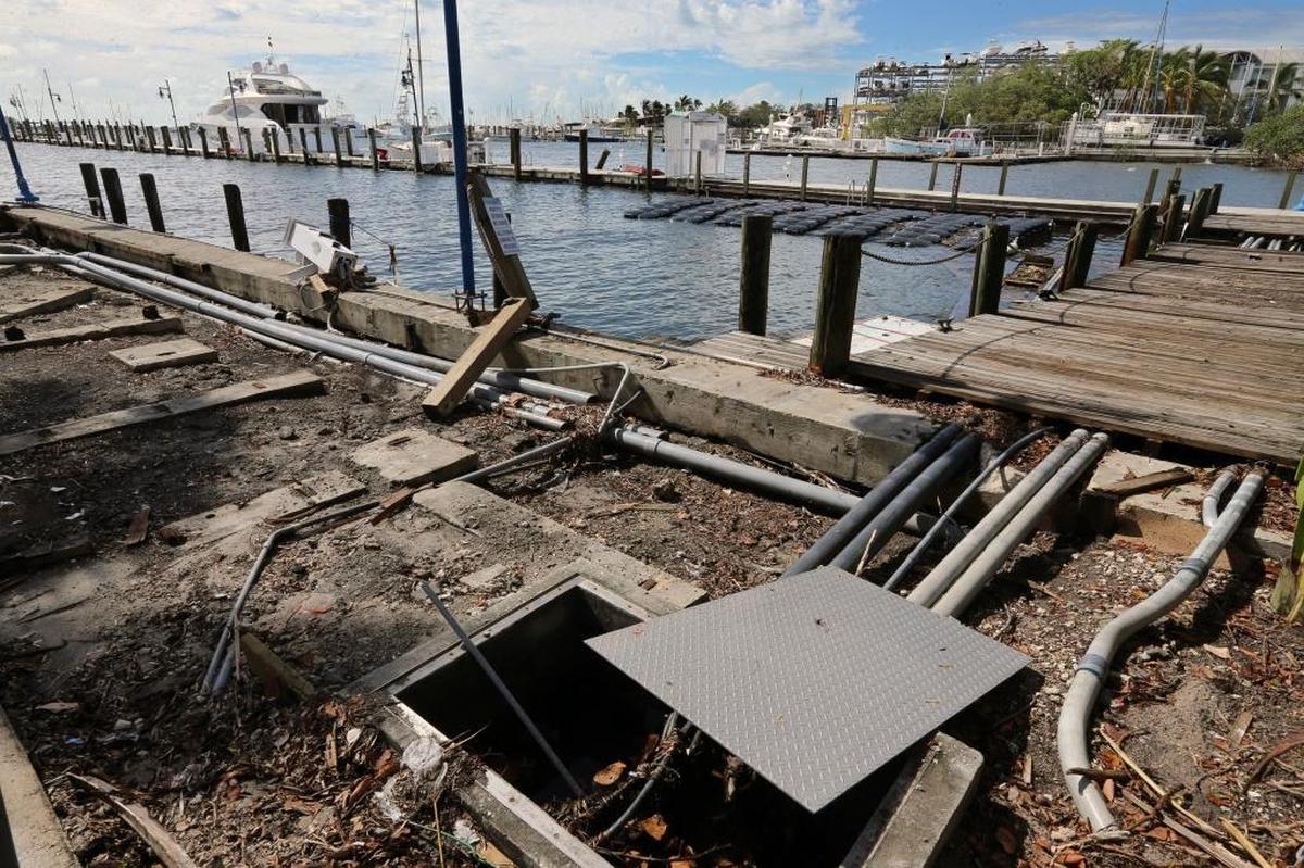 Damage from Hurricane Irma is seen at the marina next to Monty’s Raw Bar in Coconut Grove. The facilities are is in the midst of a sweeping renovation of the Dinner Key mainstay. To help finance the arrangement, the company is seeking a lease extension from voters on Nov. 7