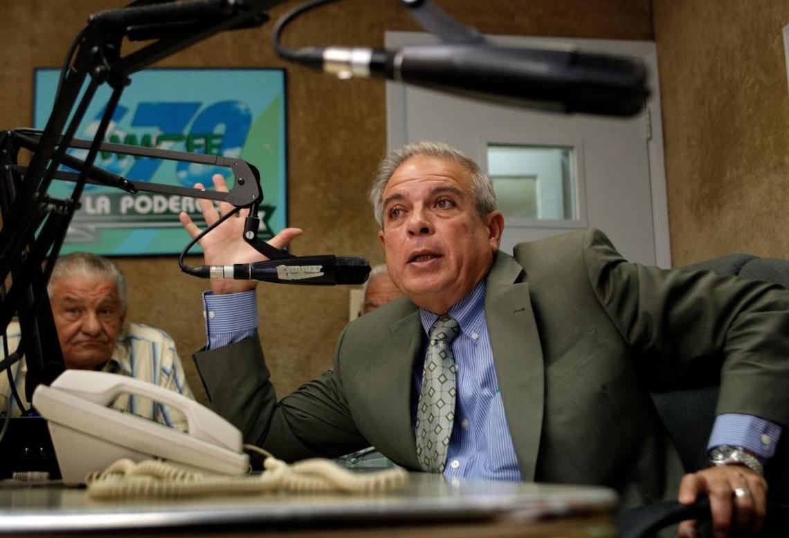 Tomás Regalado hosts a radio show at La Poderosa radio station in 2009.