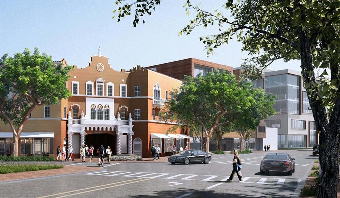 A 2017 rendering showing how the Coconut Grove Playhouse’s historic front building could look on Main Highway after restoration. A proposed parking garage is visible behind a street tree to the right of the historic building.