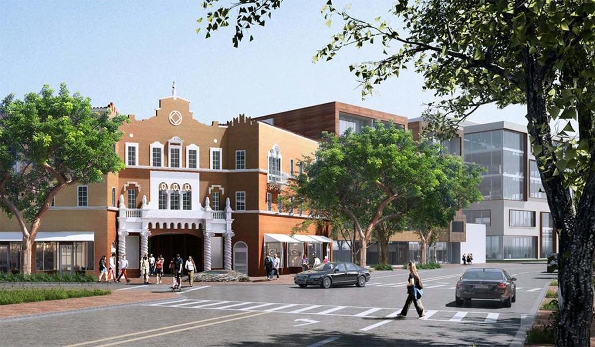 A rendering showing how the Coconut Grove Playhouse’s historic front building would look on Main Highway after restoration. A proposed parking garage is visible behind a tree to the right of the historic building.