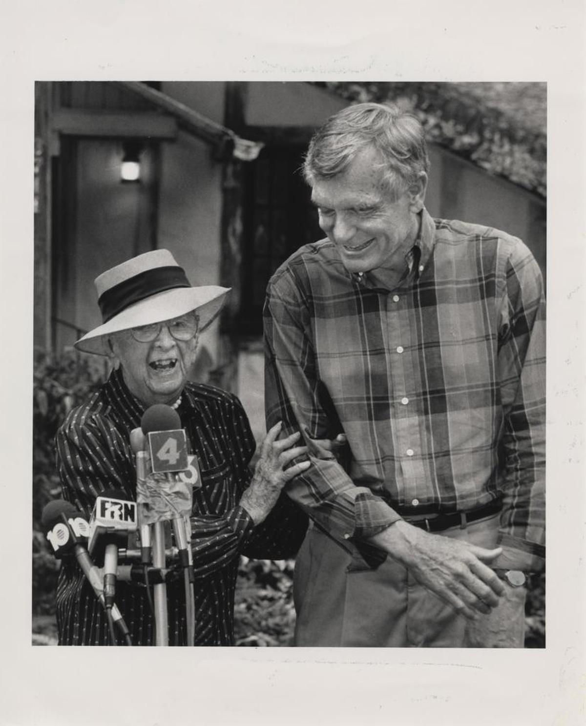 In 1990, 100-year-old Marjory Stoneman Douglas publicly endorsed future Florida Gov. Lawton Chiles on the front yard of her Coconut Grove home.