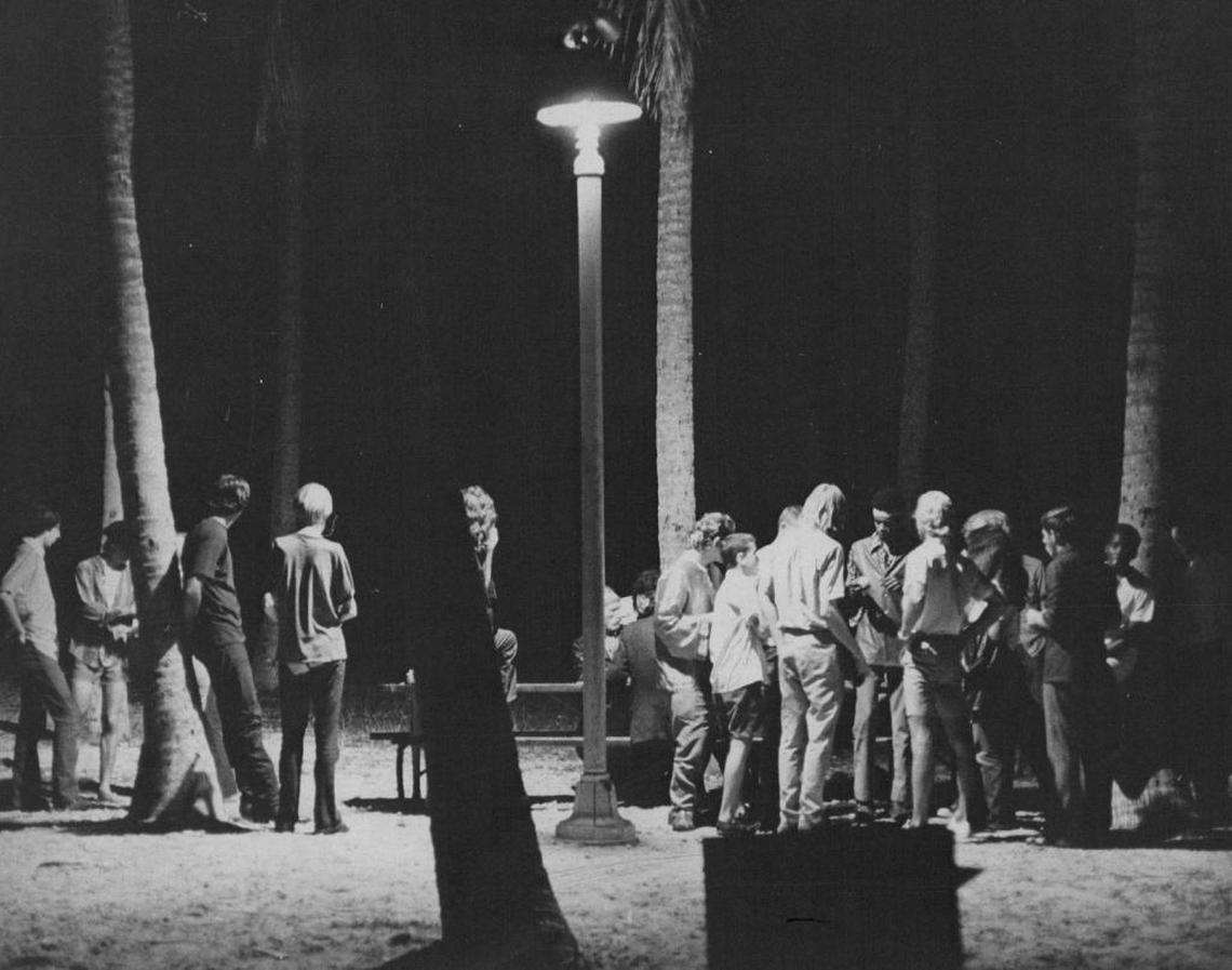 Hippie types gathered for food from a free kitchen in Bayfront Park in downtown Miami on October 22, 1976.