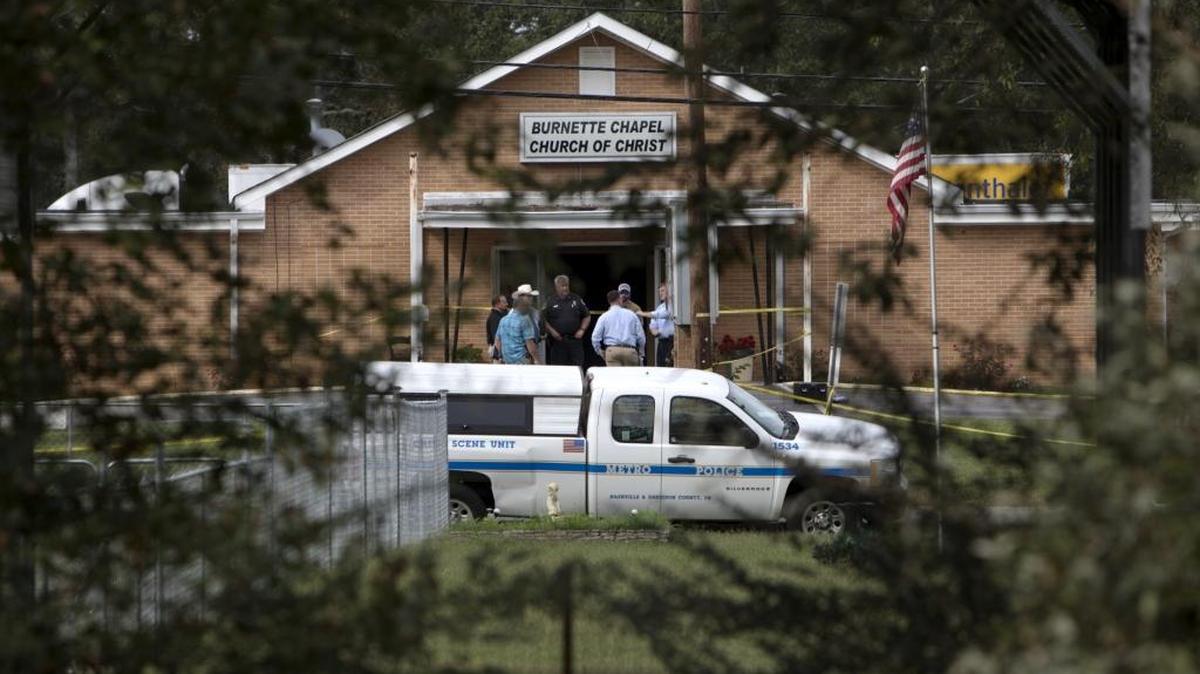 Law enforcement continues their investigation around the Burnette Chapel Church of Christ on Sept. 24, 2017 in Antioch, Tennessee. One person was killed and seven were wounded when a gunman opened fire in the church.