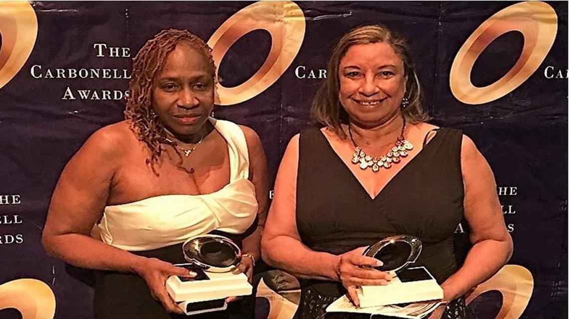 Patricia Williams and Shirley Richardson receive the George Abbott Award for Outstanding Achievements in the Arts at the 2016 Carbonell Awards ceremony.