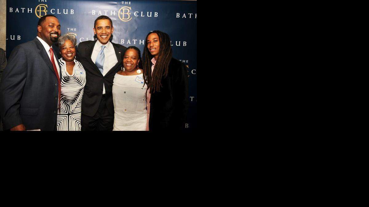 
At the Bath Club in 2011, from left, Jason Walker, Carole Ann Taylor, President Barack Obama, Priscilla Taylor and Jaesyn Mixon.
