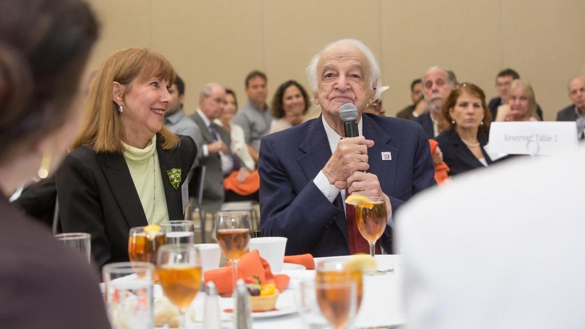 Dr. Murray Mantell addresses guests who gathered in his honor at an April 12 luncheon at the Robert and Judi Prokop Newman Alumni Center. The event is one in a series to celebrate the 70th anniversary of the University of Miami College of Engineering.