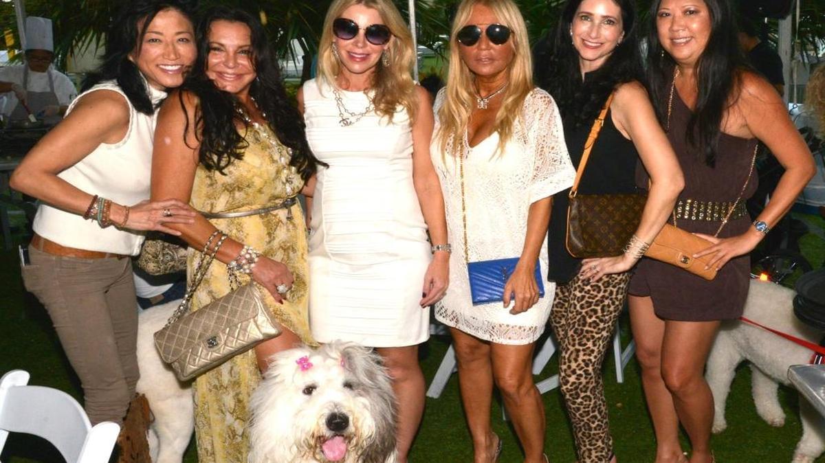 Having fun raising funds for the Humane Society of Greater Miami at Brunch for the Animals are, from left, Ann King, Lourdes Martinez with Bella, Bronwyn Miller, Irene Korge, Hayley Sloman, and Debbie Young.