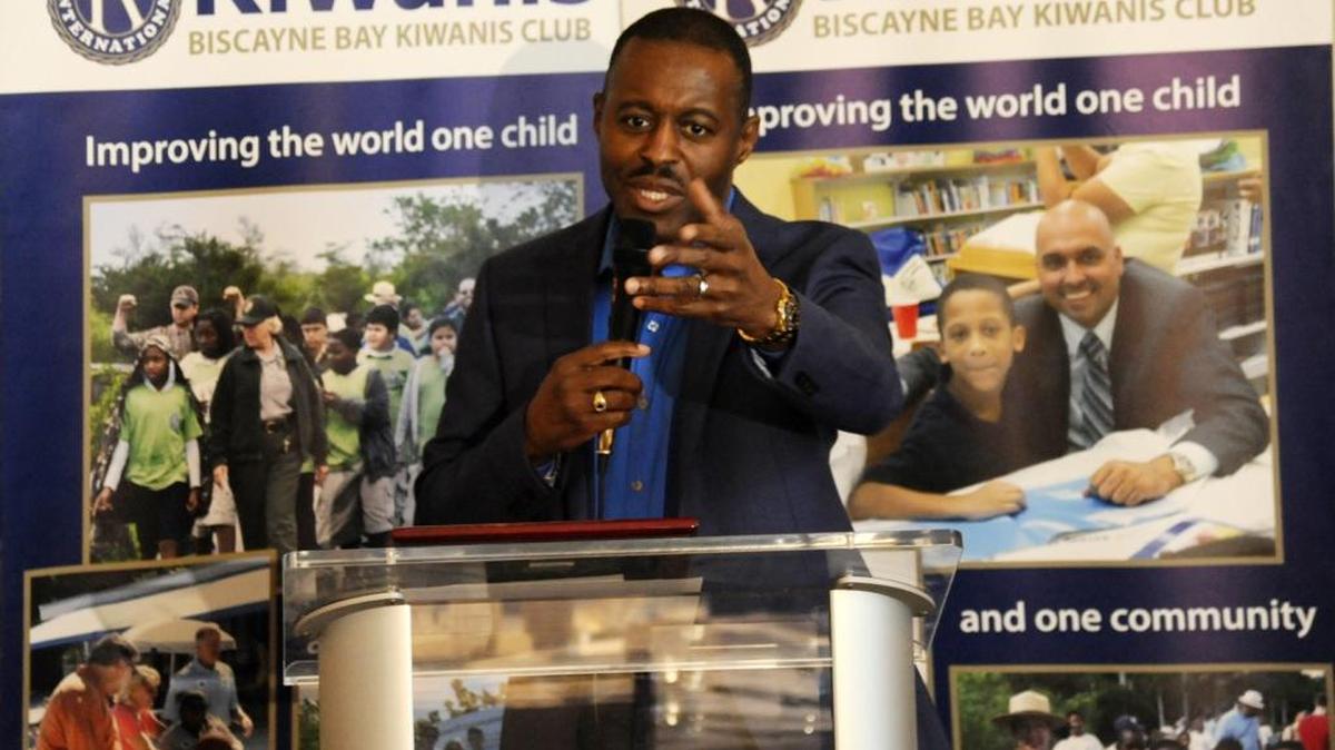 Miami Police Major Delrish Moss addresses the audience at a special Biscayne Bay Kiwanis luncheon honoring the 32-year veteran of the Miami Police Department for his service to the community. Moss, 51, has been named chief of the Ferguson, Missouri, police department. Speakers at the luncheon included State Attorney Katherine Fernandez Rundle and Miami Police Chief Rodolfo Llanes.