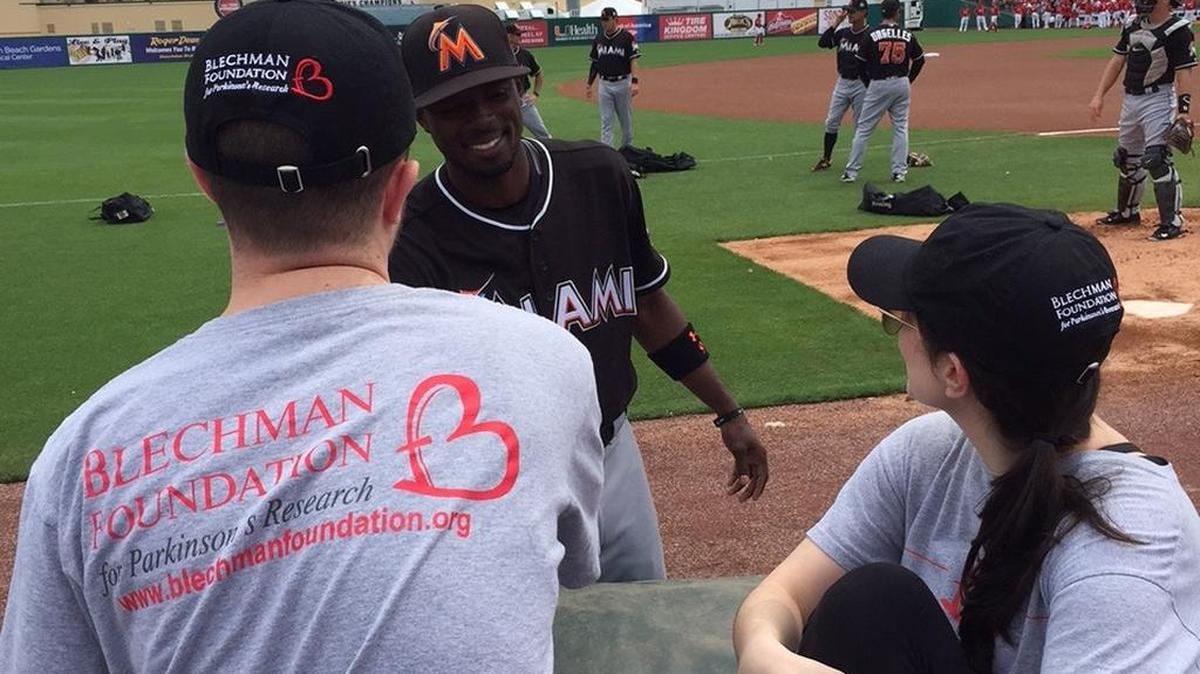 Siblings David and Melissa Blechman talk with Miami Marlins infielder Dee Gordon about their foundation’s upcoming Stolen Base Challenge to raise funds for Parkinson’s disease research.