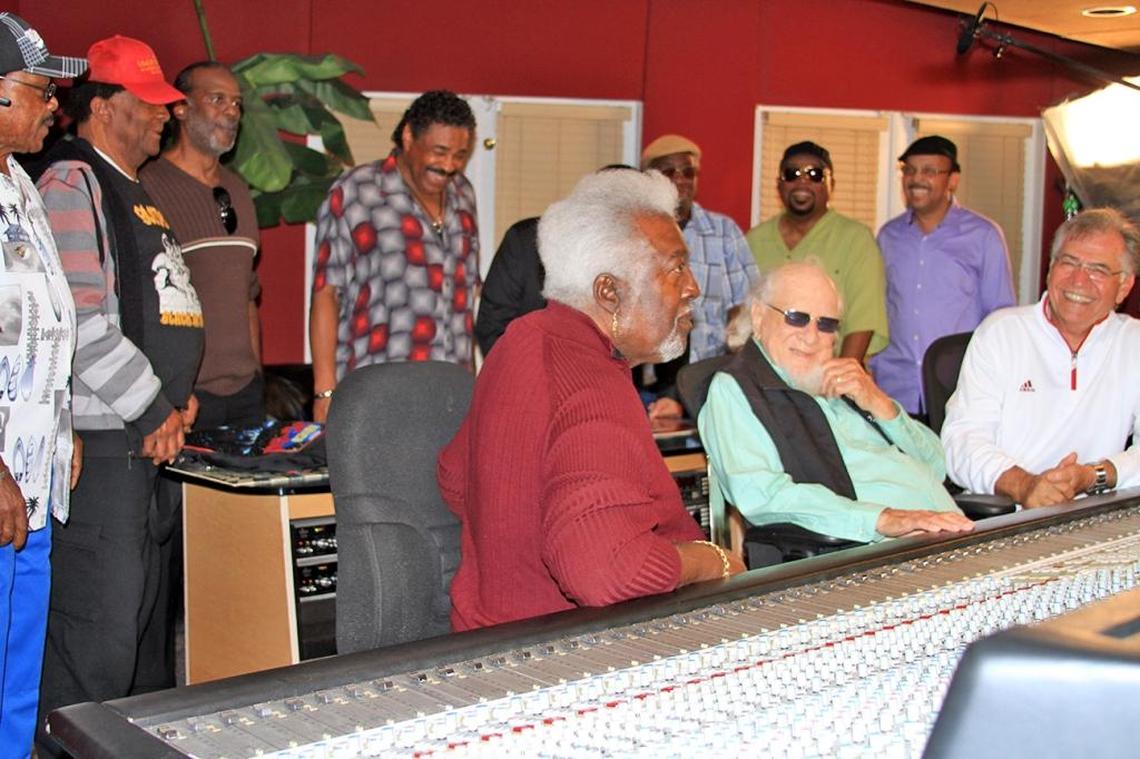Willie Clarke, Clarence Reid, George Chocolate Perry, George McCrae, Timmy Thomas (partially hidden), Willie Hale, Jimmie ‘Bo’ Horne, Paul Lewis, Steve Alaimo, Henry Stone and musician Latimore in February 2013 at Vision Studios in North Miami. Alaimo and Stone co-founded TK Records and these musicians were some of Miami’s shining stars for the label in the 1970s.