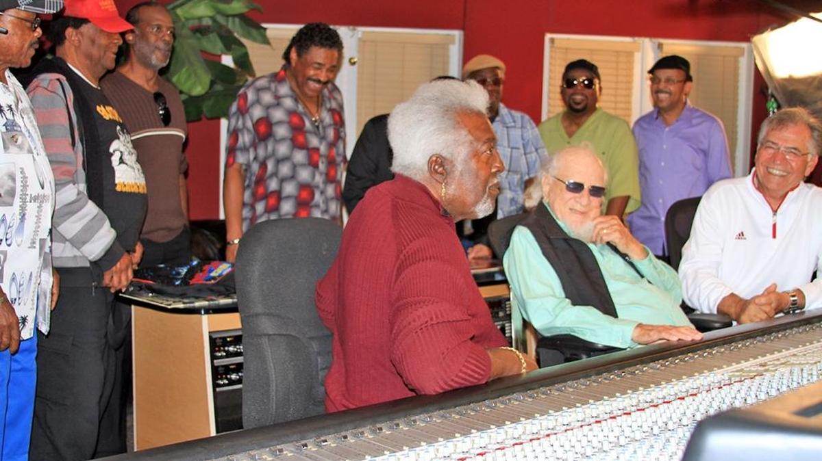 Willie Clarke, Clarence Reid, George “Chocolate” Perry, George McCrae, Timmy Thomas (partially hidden), Willie Hale, Jimmie ‘Bo’ Horne, Paul Lewis, Steve Alaimo, Henry Stone and musician Latimore in February 2013 at Vision Studios in North Miami. Alaimo and Stone co-founded TK Records and these musicians were some of Miami’s shining stars for the label in the 1970s.