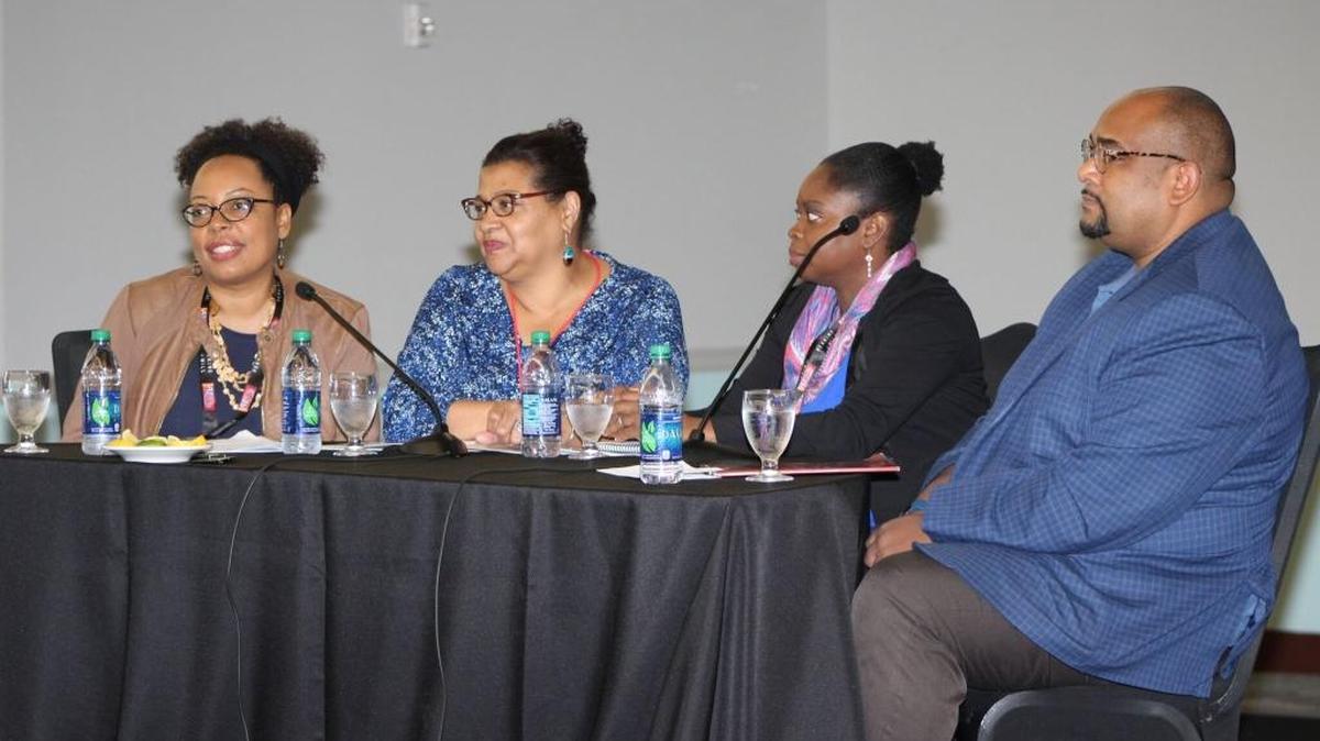 The 2017 African Diaspora Museum Conference. From left: Joanne Hyppolite, curator of Smithsonian NMAAHC; Deborah Mack, associate director for strategic partnerships at Smithsonian NMAAHC; Sherene James-Williamson, president of Museums Association of the Caribbean; and Brian J. Carter, board president of Association of African American Museums.