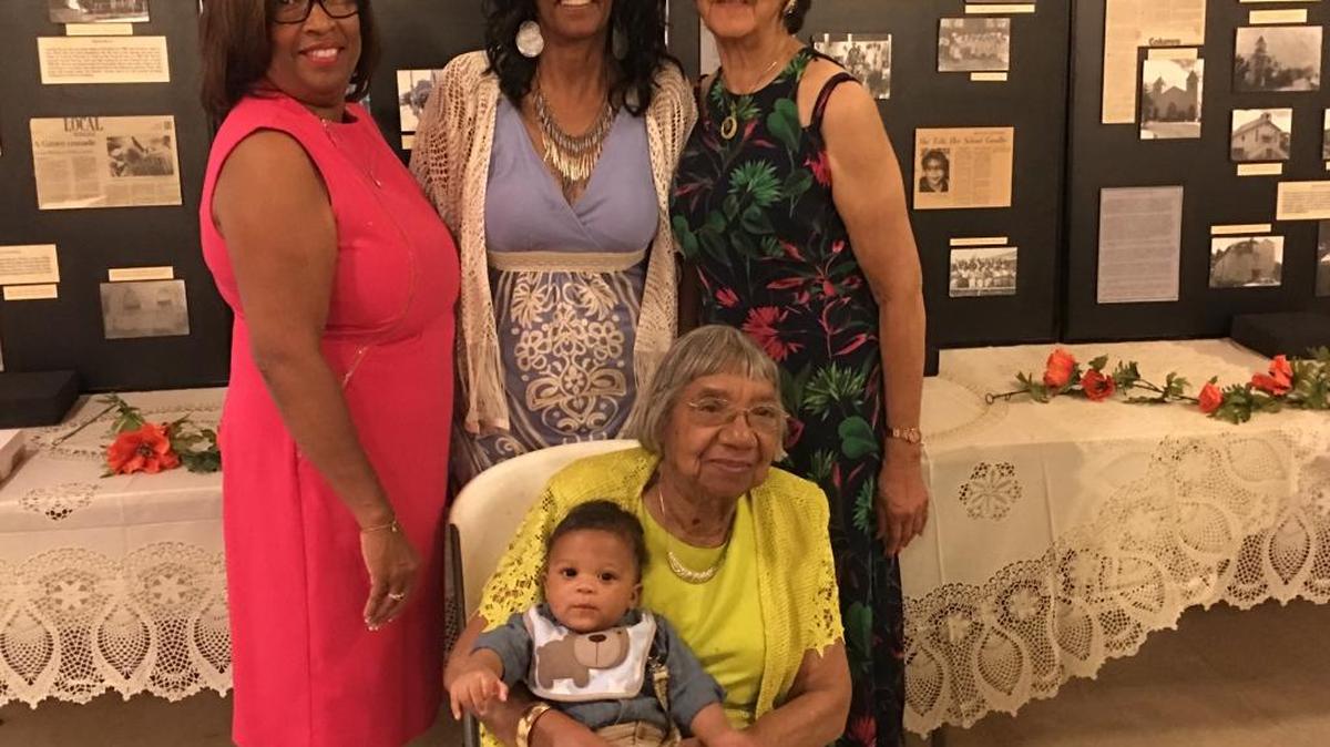 At the 2017 Stirrup family reunion: Standing, from left, Barbara Stirrup, wife of E.W. Franklin Stirrup III; Carol Davis Byrd and Iral Davis Porter. Seated is Dr. Dazelle Dean Simpson holding Tacari Adé Stirrup Wiggins, the 6-month-old great-great-grandson of E.W. Franklin Stirrup Sr.