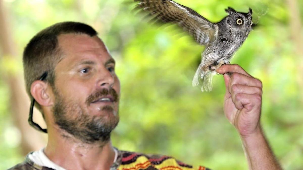 Educator and falconer John Jones, known as ‘Otter John,’ holds a screech owl during his program showcasing South Florida wildlife, in Tori's Treehouse, the gazebo built by volunteers for the Kenwoods Outdoor Learning Center (KOLC), or affectionately, ‘the hammock,’ on Saturday, April 30, 2016.