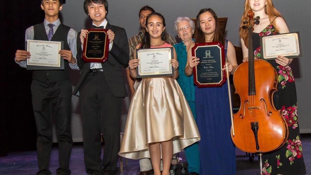 The talents of young musicians were highlighted at the Homestead Community Concert Scholarship Showcase. Winners and organizers are, from left, front row, Justin Veira, James Leng, Sophia Molina, Esther Chae, and Grace Sievert, and back row, HCC Scholarship Chair Tony Seepersad, and HCC President Ann McAllister. Winner Jacob Mason is not pictured.