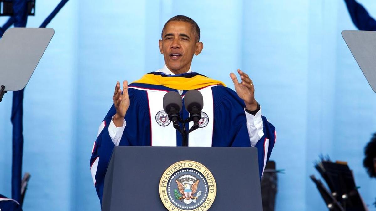 President Barack Obama delivers Howard University's commencement speech during the 2016 Howard University graduation ceremony in Washington, Saturday, May 7, 2016. Obama says the country is ‘a better place today’ than when he graduated from college more than 30 years ago, citing his historic election as ‘one indicator of how attitudes have changed.’