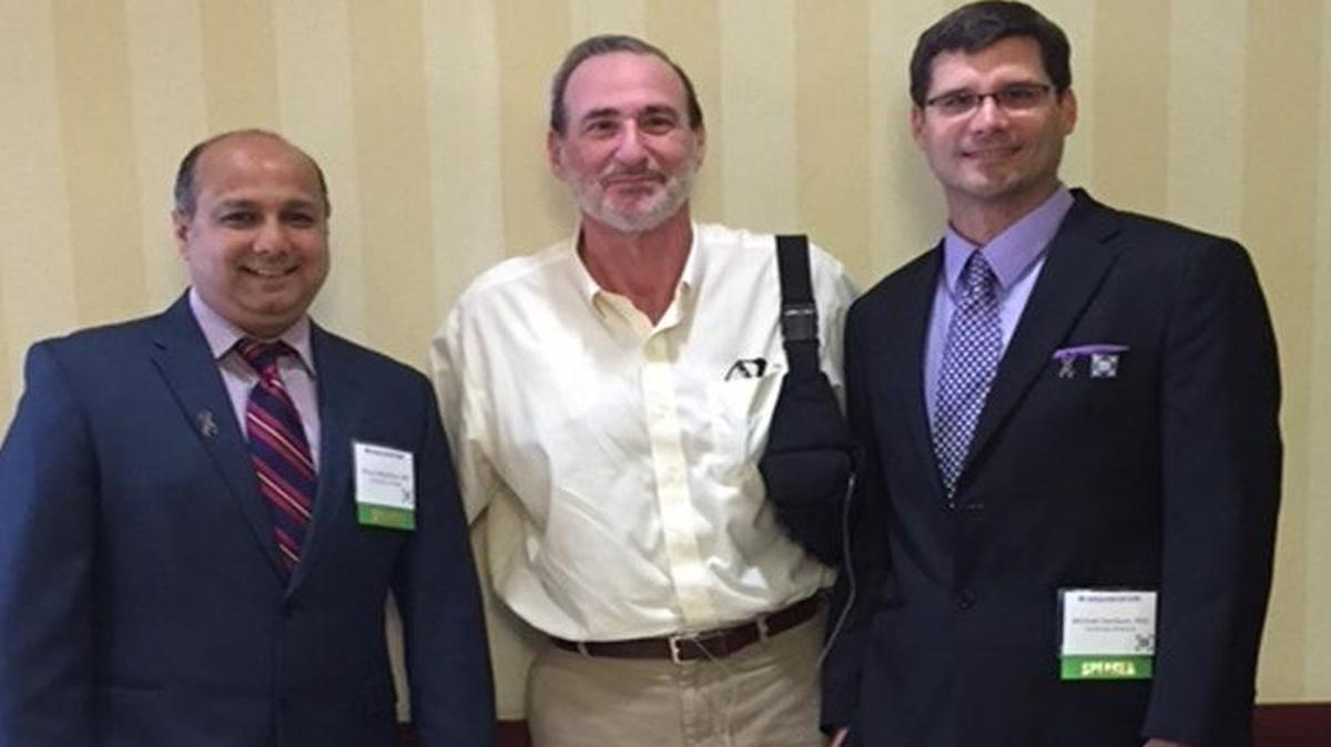 Sharing inspiration and information about pancreatic cancer treatments are from left, Dr. Nipun Merchant, survivor Robert Glazier and Dr. Michael VanSaun. The doctors are part of Sylvester Comprehensive Cancer Center at UHealth-University of Miami Health System.