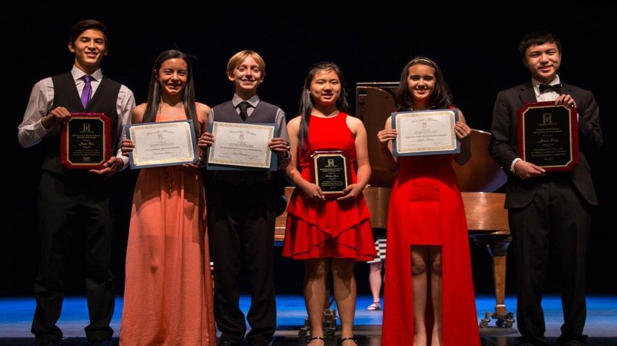 The young winners of the third annual Homestead Community Concerts’ Music Scholarship Showcase are, from left, Justin Veira, Valentina Salazar, Ian Barnett, Lindsey Yang, Sophia Molina and James Leng.