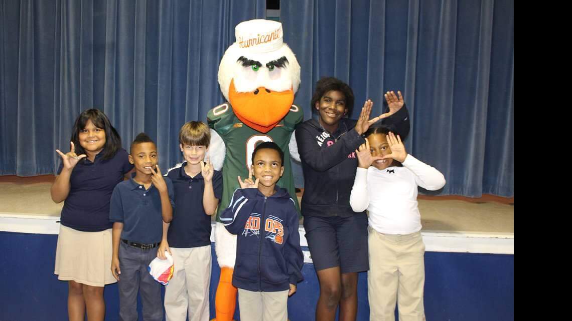 
Students at Gulfstream Elementary School who are deaf or hard of hearing, (DHH), were surprised by University of Miami Mascot Sebastian at a day to celebrate reading hosted by the South Florida Deaf Recreation Association.
